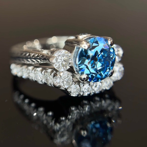 2.55 ctw Old European Cut Blue Lab and Natural Diamond Wedding Set - Picture 15 of 17